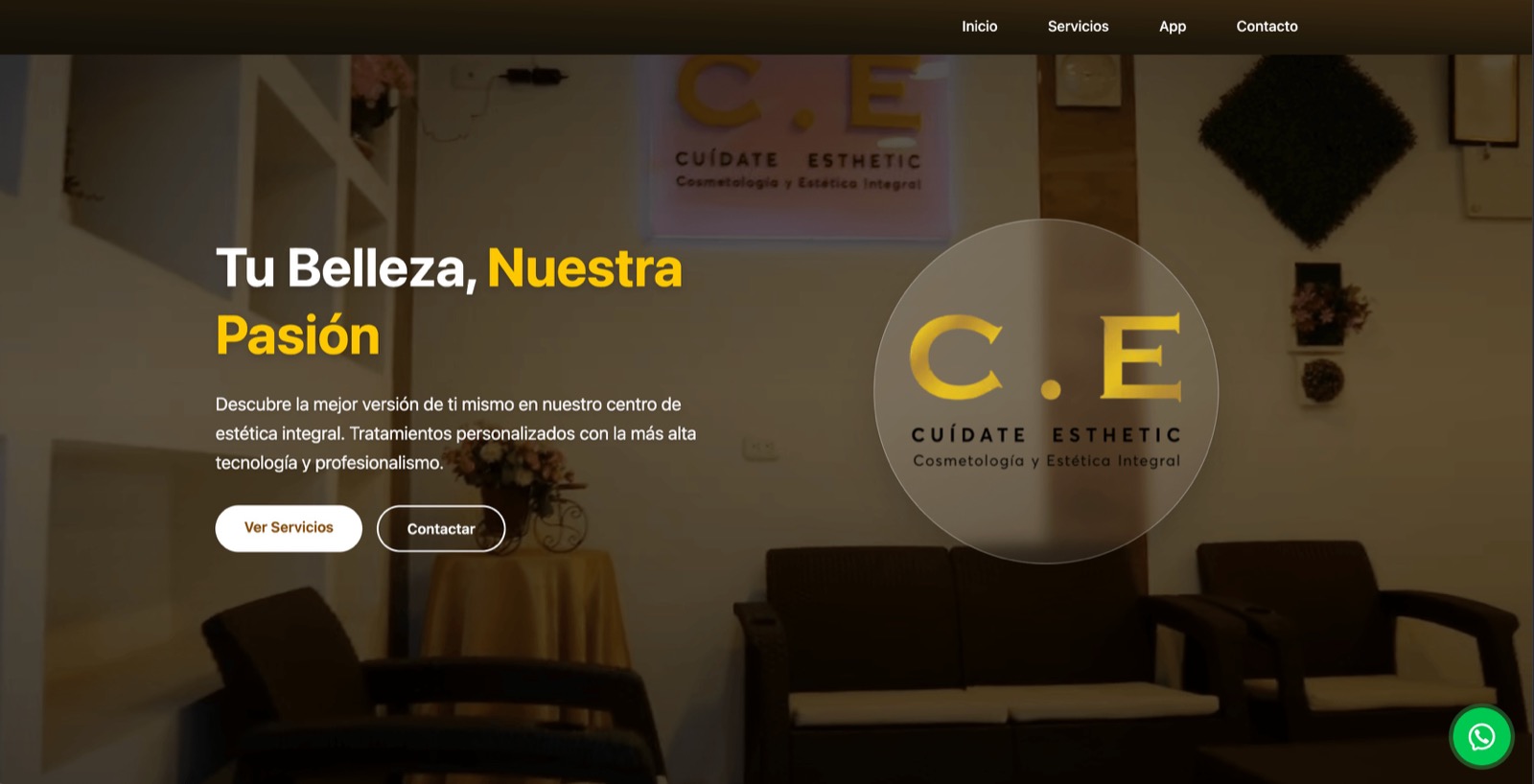 Captura de la landing de Cuidate Esthetic: hero con el mensaje Tu Belleza, Nuestra Pasión