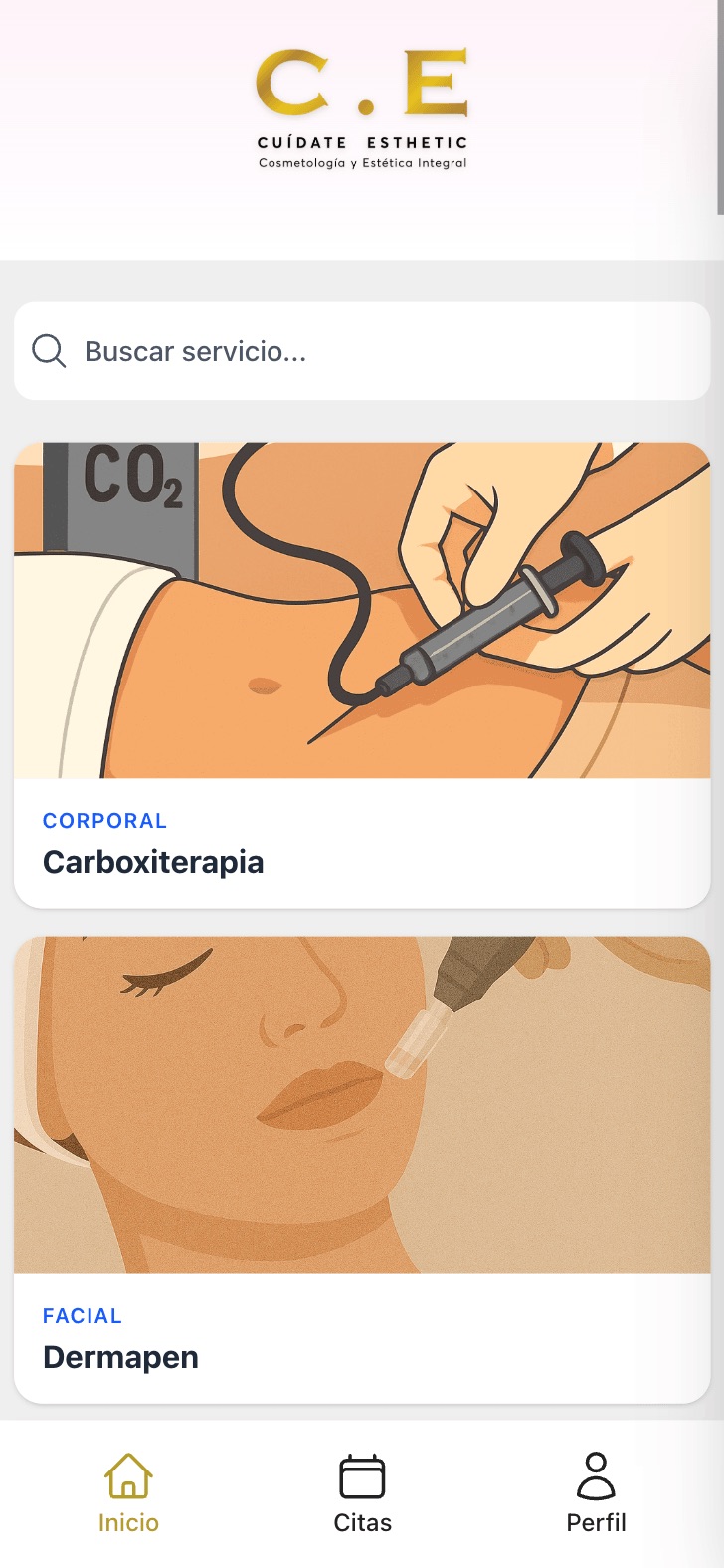 Captura de la app móvil de Cuidate Esthetic