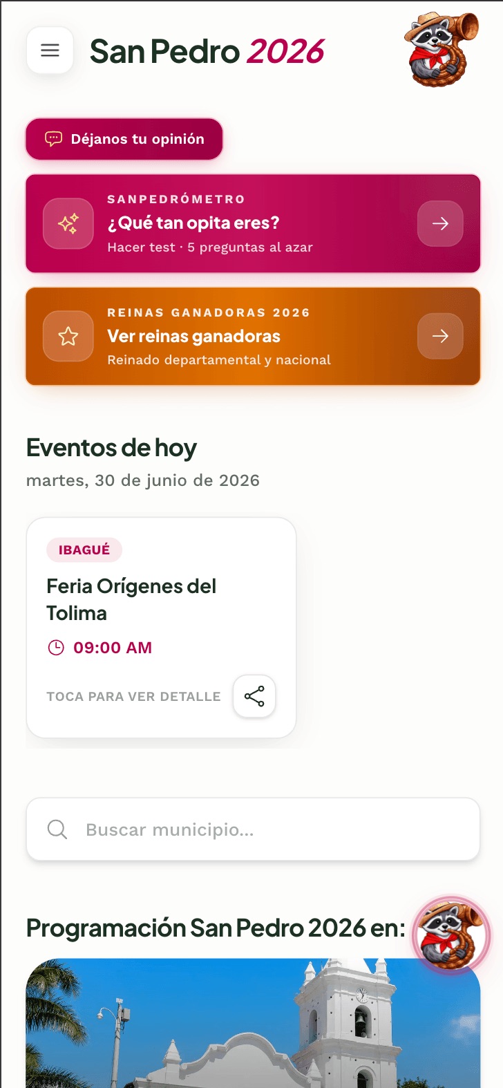 Captura de la PWA Programación San Pedro: eventos del día y acceso al Sanpedrómetro